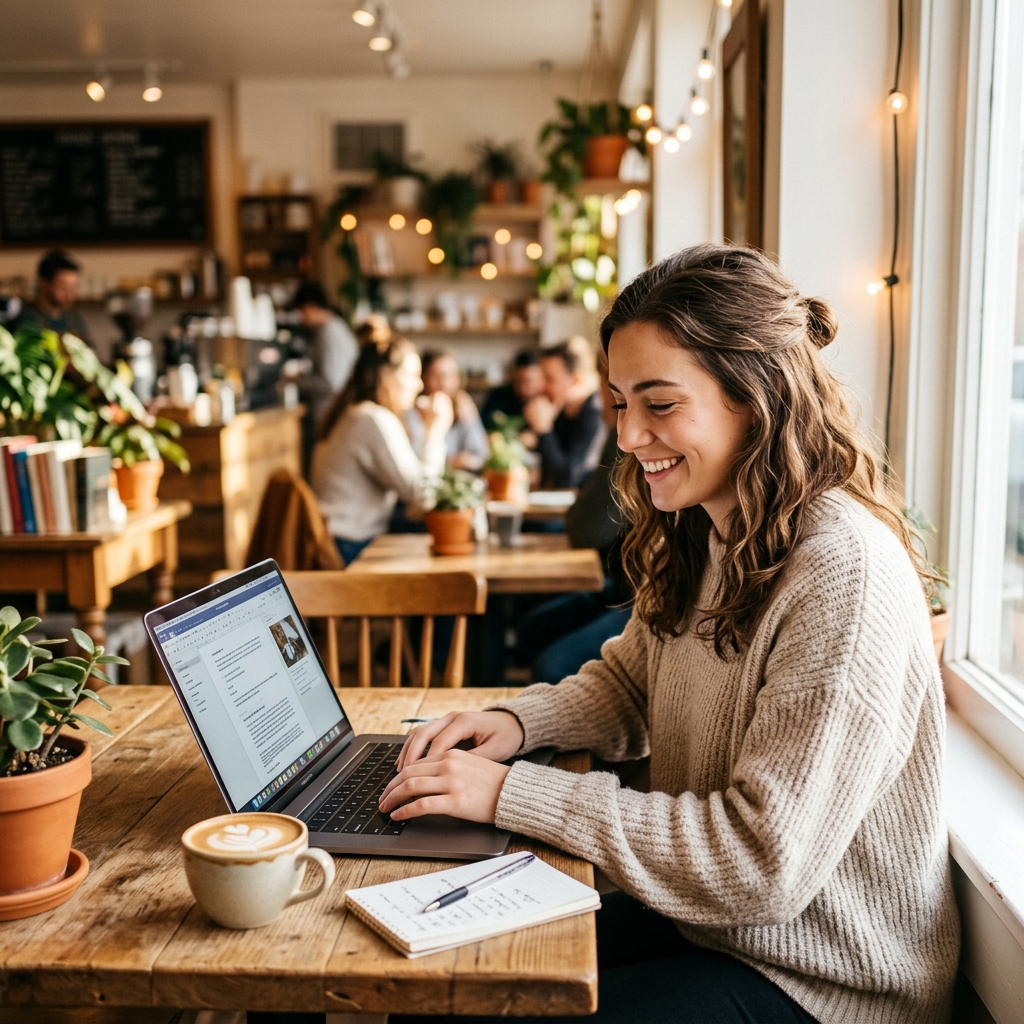 A learner studying in a cafe